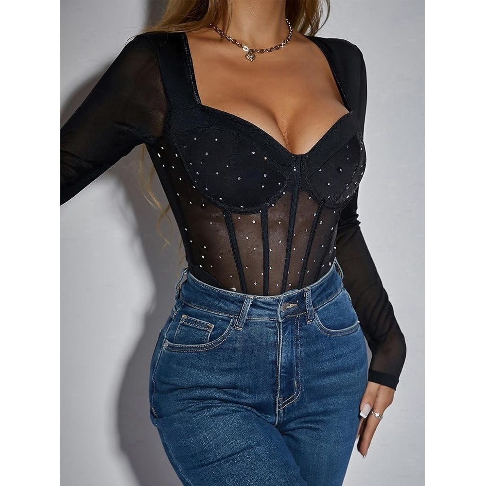 Black Rhinestone‎ Mesh Bustier Corset Bodysuit Women's Large Sexy Glam Clubwear
